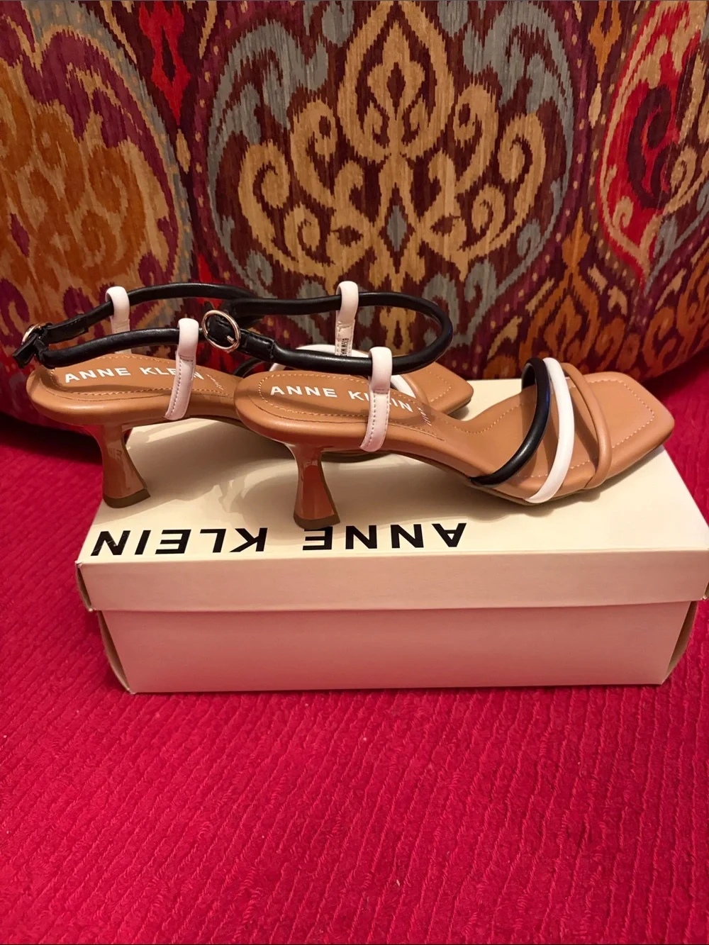 Anne Klein Tan Strappy Heels with Black and White Accents
